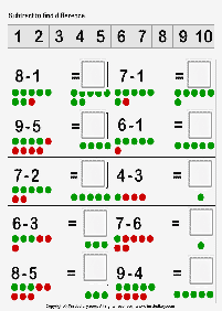 דפי עבודה בחשבון - חיסור - עד 10 - דף מס. 34