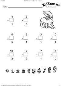 דפי עבודה בחשבון - חיסור - עד 10 - דף מס. 51