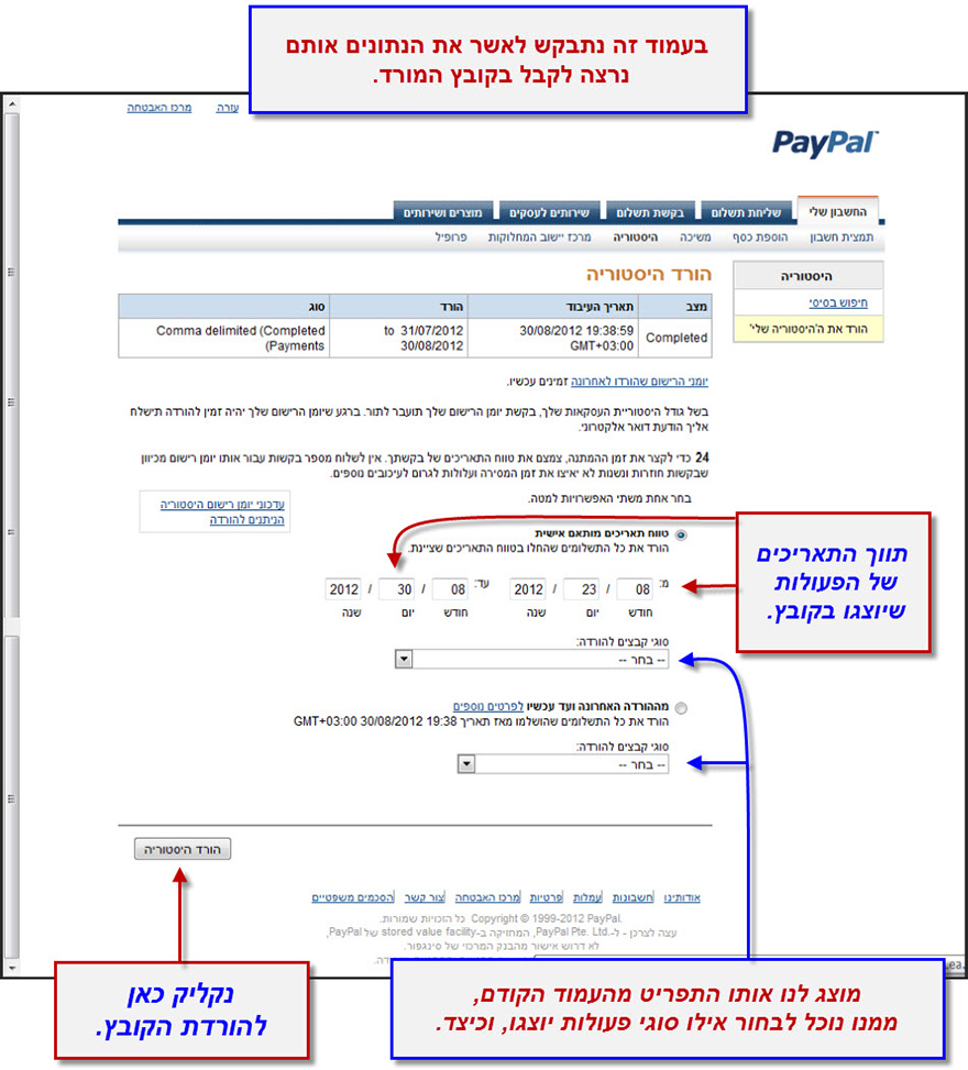 מדריך הורדת הסטוריית פעולות חשבון הפייפל שלנו לקובץ 3