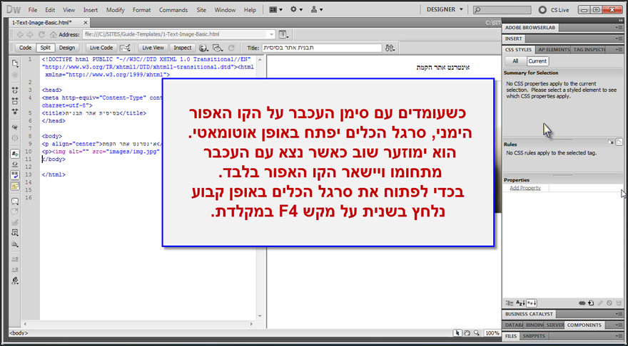 ארגון הסרגלים הצידיים ב Dreamweaver 15