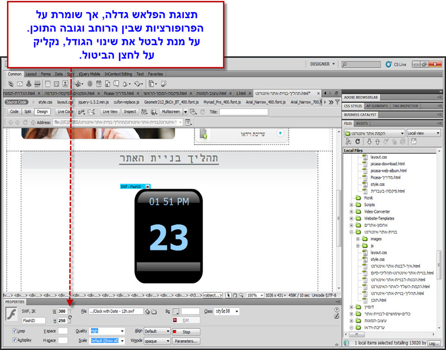 dramweaver הגדרת קובץ פלאש בעמוד האתר 3