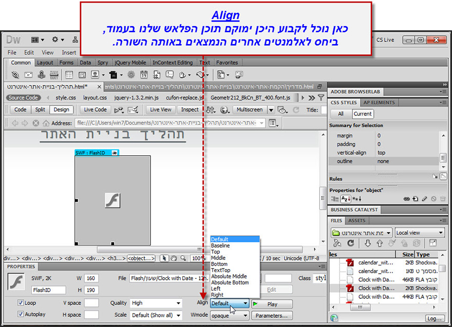 dramweaver הגדרת קובץ פלאש בעמוד האתר 6