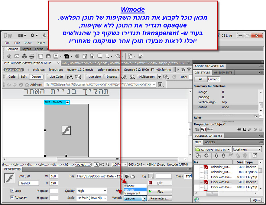 dramweaver הגדרת קובץ פלאש בעמוד האתר 7