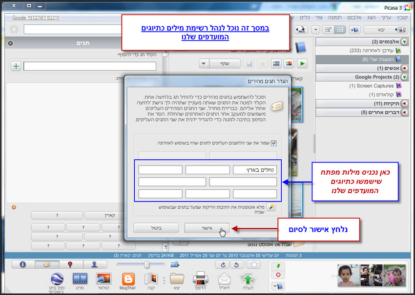 Picasa יצירת לקט תמונות לפי מילת מפתח תיוג תמונות 4